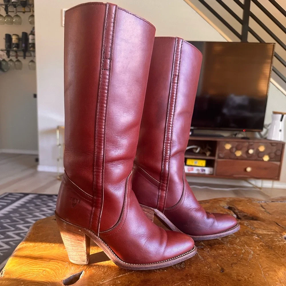 Frye Tall Burgundy Leather Stacked Heel Boots - Picture 1 of 5